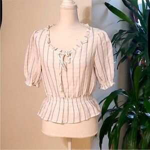 Chelsea & Violet White & Blue Striped Short Sleeve Cinched Blouse